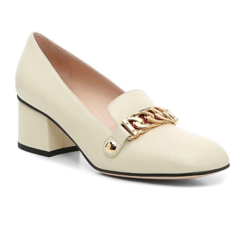 GUCCI Sylvie Block Heel Loafer Pumps in Winter White - Picture 3 of 8